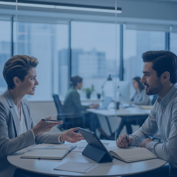Two coworkers discussing something