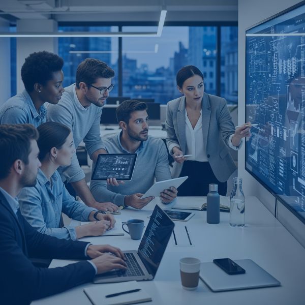 A group of employees going over work