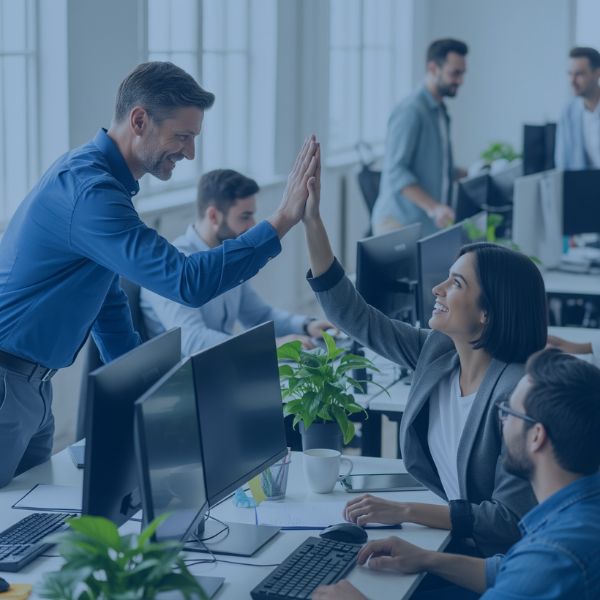 Co workers giving each other a high five